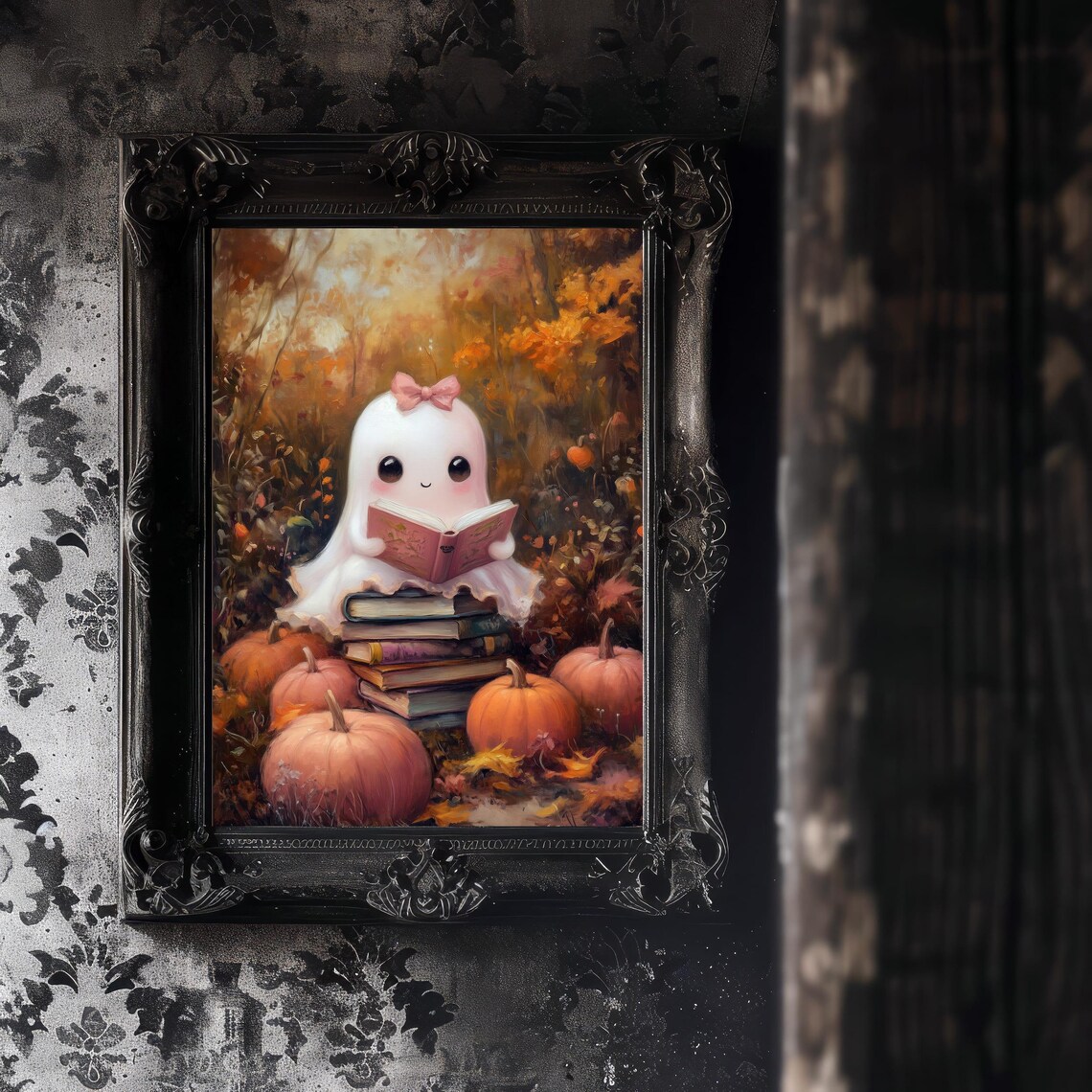 Cute Ghost Reading Art Print Pink Halloween Book Decor Adorable Autumn Wall Art Cozy Fall Artwork - Image 5