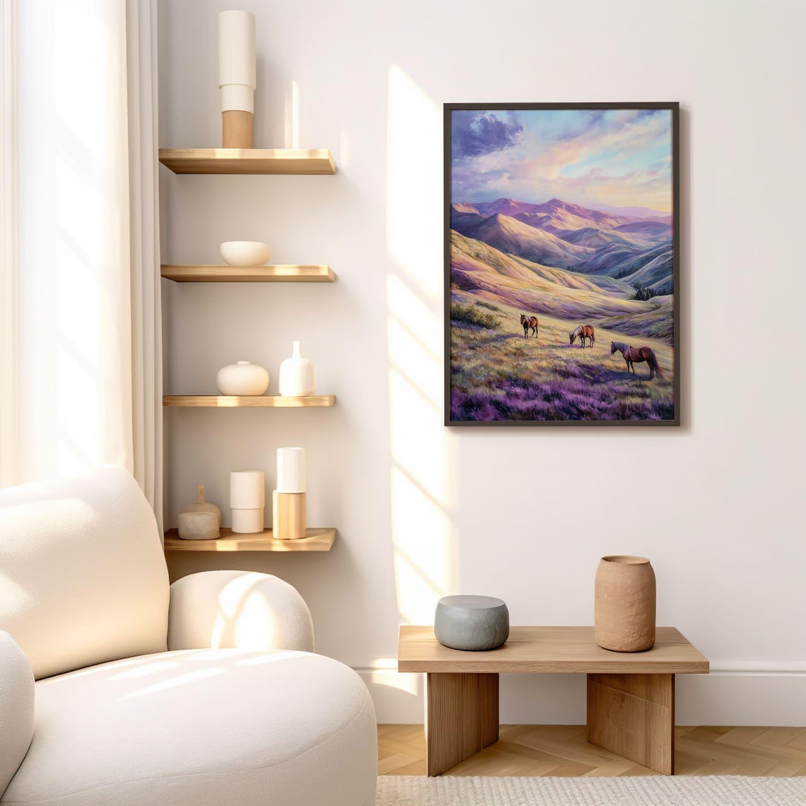 Wild Horses Grazing In Purple Mountain Meadow At Sunset Poster - Image 3