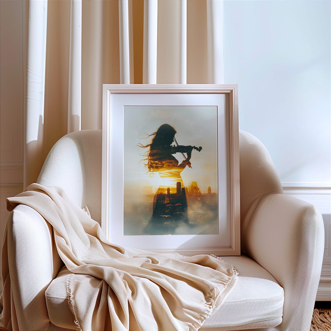 Violinist Silhouette Sunset Cityscape Double Exposure Art Poster - Image 3