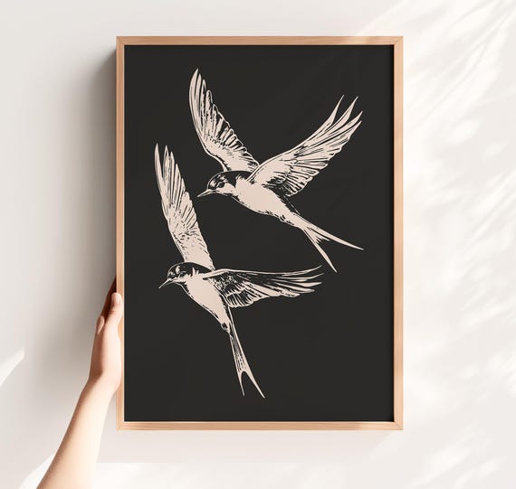 Swallow Bird Wall Art Pair Antique Print Sketch Home Decor Abstract Vintage Nursery