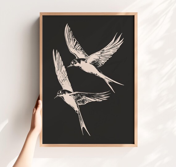 Swallow Pair In Flight Black Background Bird Sketch Wall Art