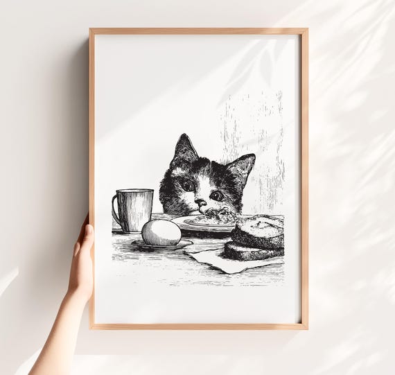 Funny Cat Kitchen Wall Art Black And White Poster Dining Room Minimalist Food Print