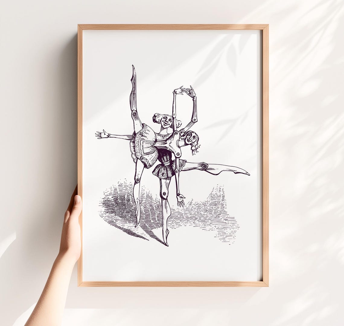 Vintage Ballerina Dancers Ink Drawing Whimsical Ballet Art Poster