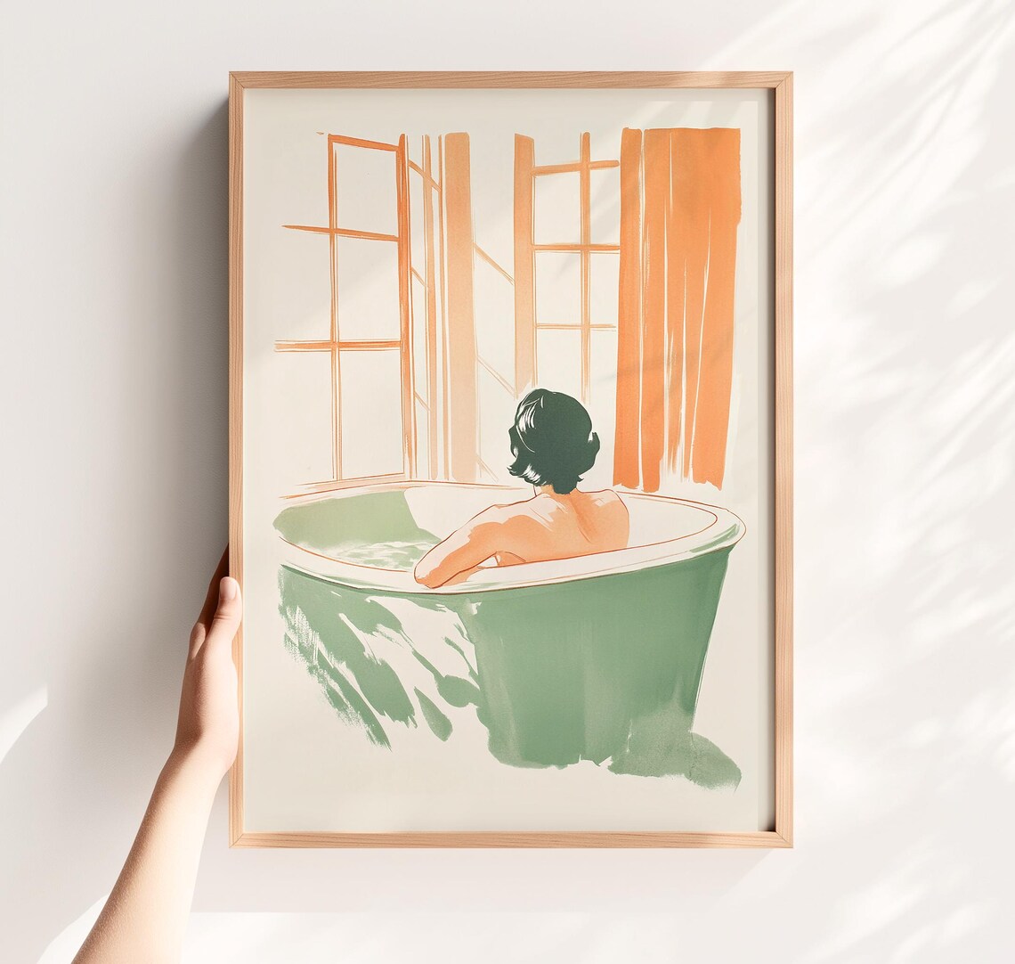 Woman In Bathtub Warm Minimalist Bath Illustration Art Poster
