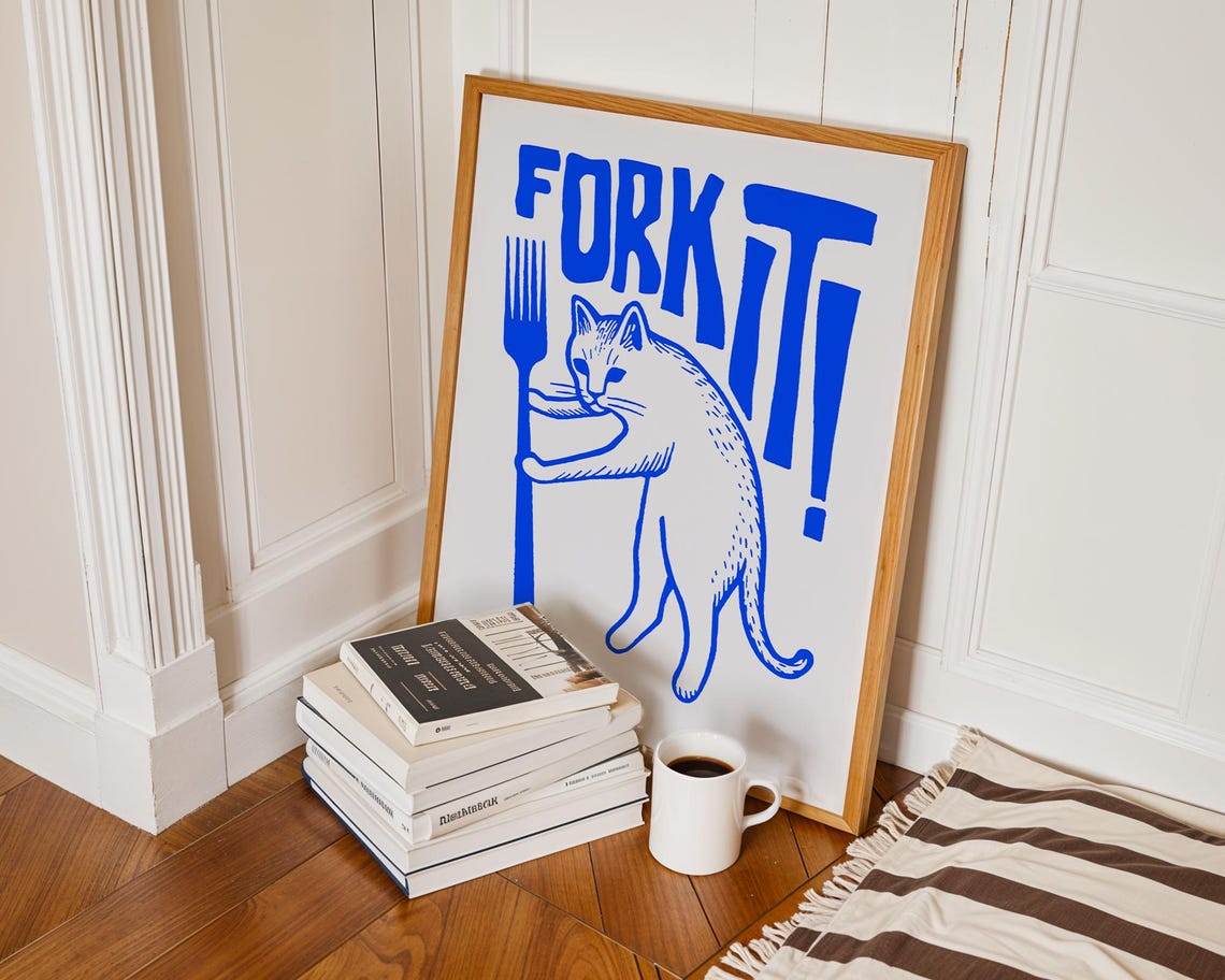 Fork It Angry Cat Kitchen Quote Blue Line Art Funny Wall Poster