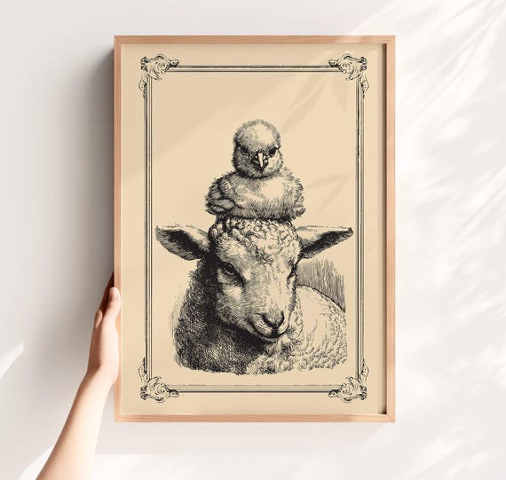 Lamb And Chick Print Vintage Farm Animal Poster Nursery Wall Art