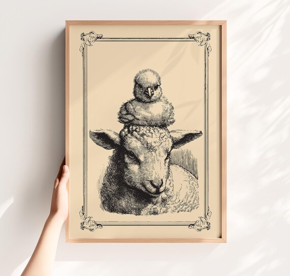 Lamb With Chick On Head Vintage Engraving Style Farm Animal Nursery Poster