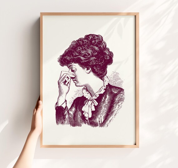 Vintage Nose Pinch Lady Funny Bathroom Decor Burgundy Engraving Poster