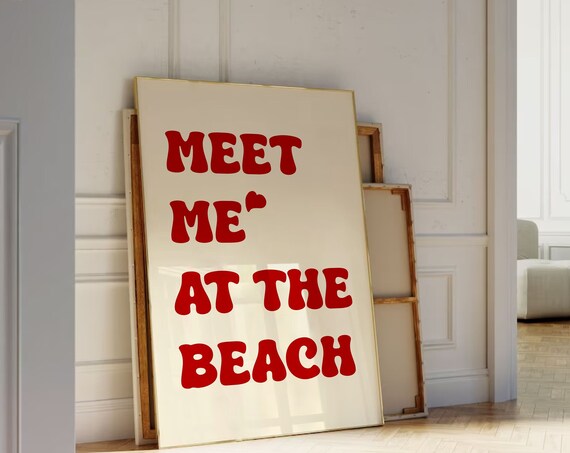Meet Me At The Beach Red Retro Bubble Letter Typography Poster