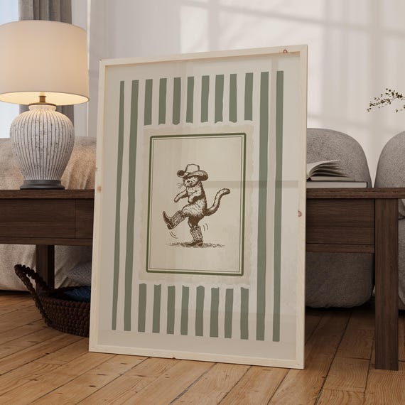 Whimsical Cowboy Cat Coastal Eclectic Western Print