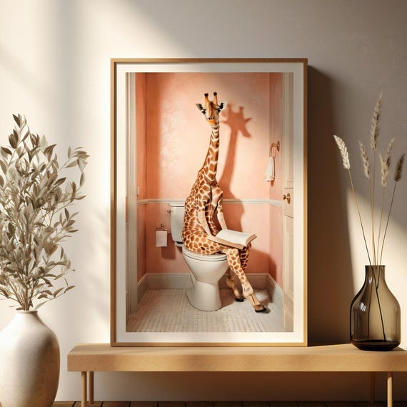 Funny Giraffe On Toilet Poster Quirky Bathroom Wall Art Whimsical Animal Surreal For Home Decor