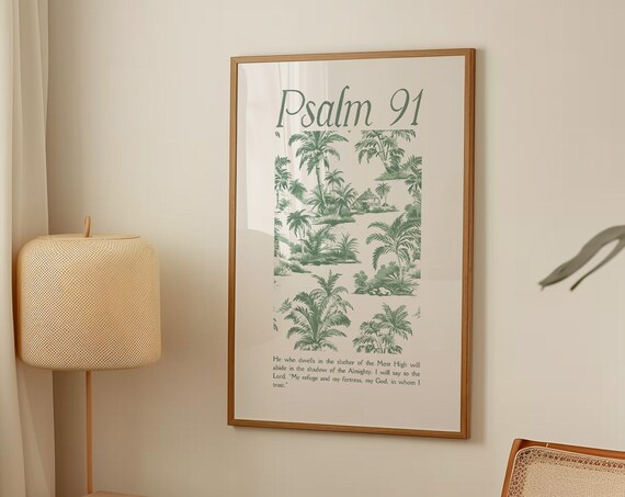 Psalm 91 Sage Green Tropical Toile Refuge Scripture Verse Poster