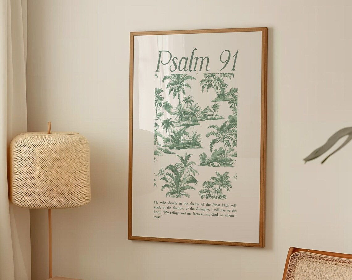 Psalm 91 Sage Green Tropical Toile Refuge Scripture Verse Poster