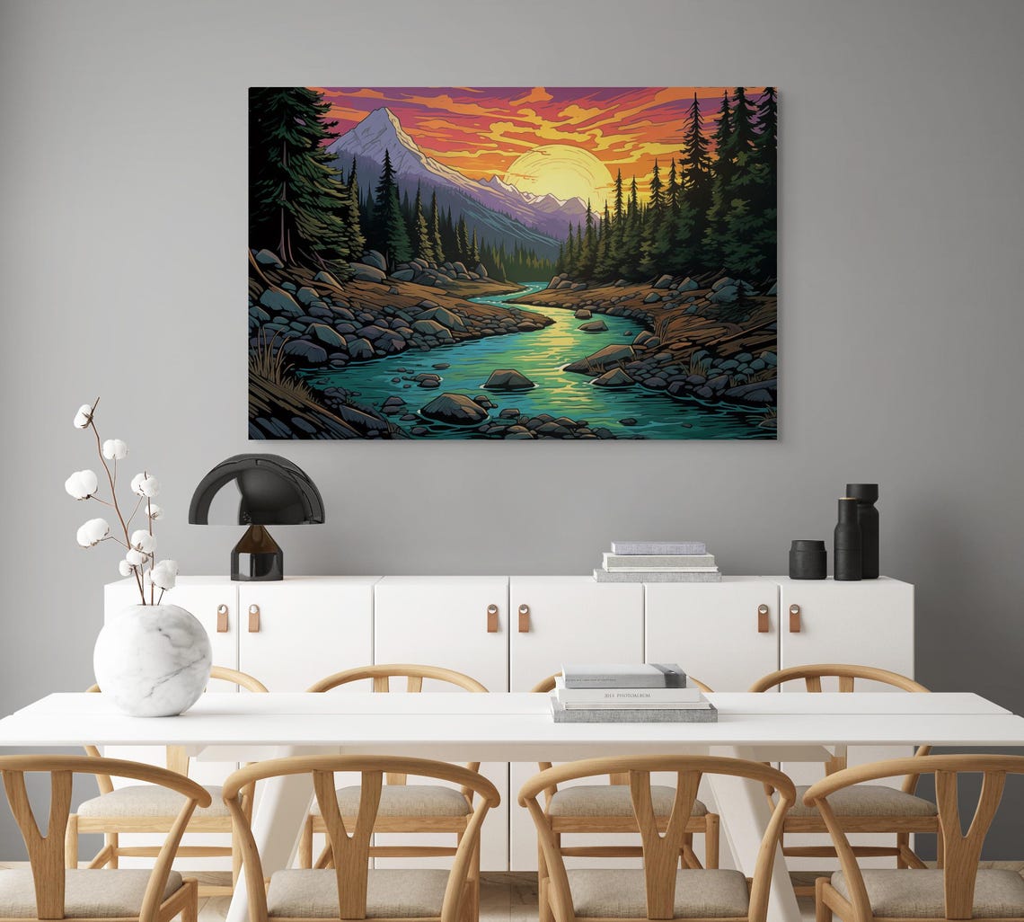 Vibrant Mountain Sunset Forest River Print Nature Inspired Artwork Scenic Landscape Wall Decor - Image 4