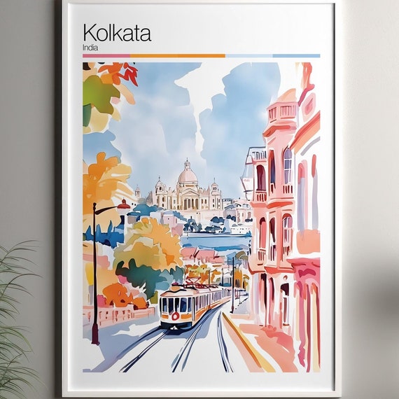 Kolkata Print Soft Colors Travel Poster Colourful Wall Art India City Decor For