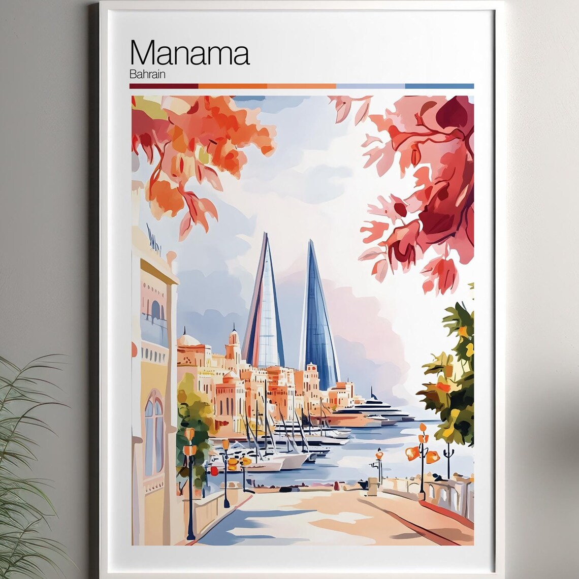 Manama Bahrain Harbor Skyline Iconic Twin Towers Watercolor Poster