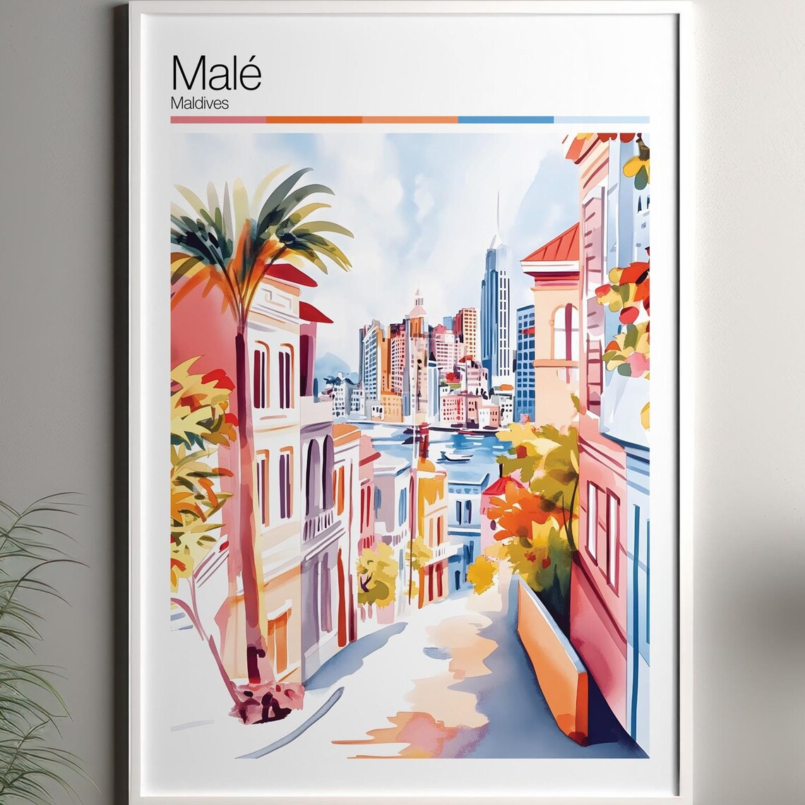 Male Maldives Sunny Street Palms Harbor Watercolor Travel Poster