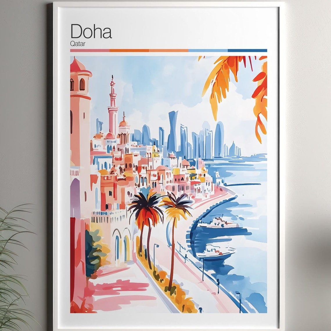 Doha Print Soft Colors Travel Poster Colourful Wall Art Qatar City Decor For