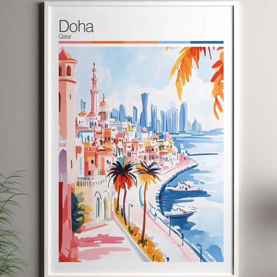 Doha Print Soft Colors Travel Poster Colourful Wall Art Qatar City Decor For