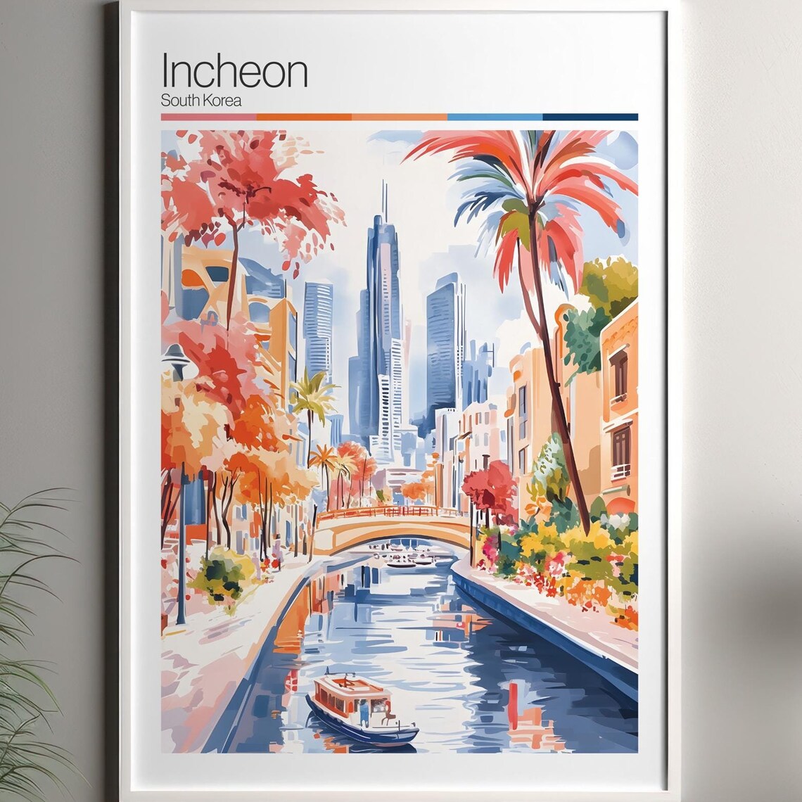 Incheon South Korea Canal City Watercolor Soft Color Travel Poster