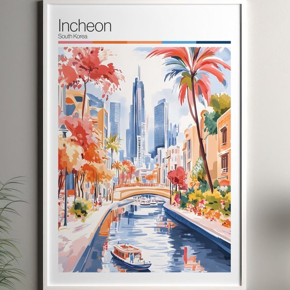 Incheon Print Soft Colors Travel Poster Colourful Wall Art South Korea City Decor For