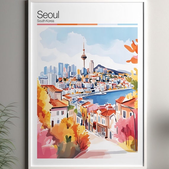 Seoul Print Soft Colors Travel Poster Colourful Wall Art South Korea City Decor For