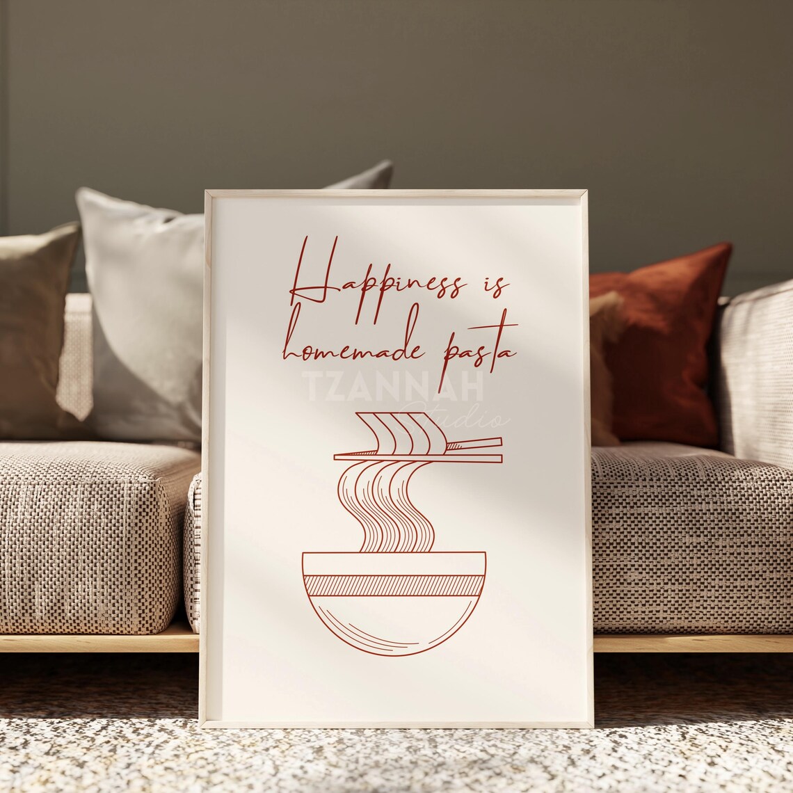Happiness Is Homemade Pasta Red Line Art Italian Kitchen Quote Poster