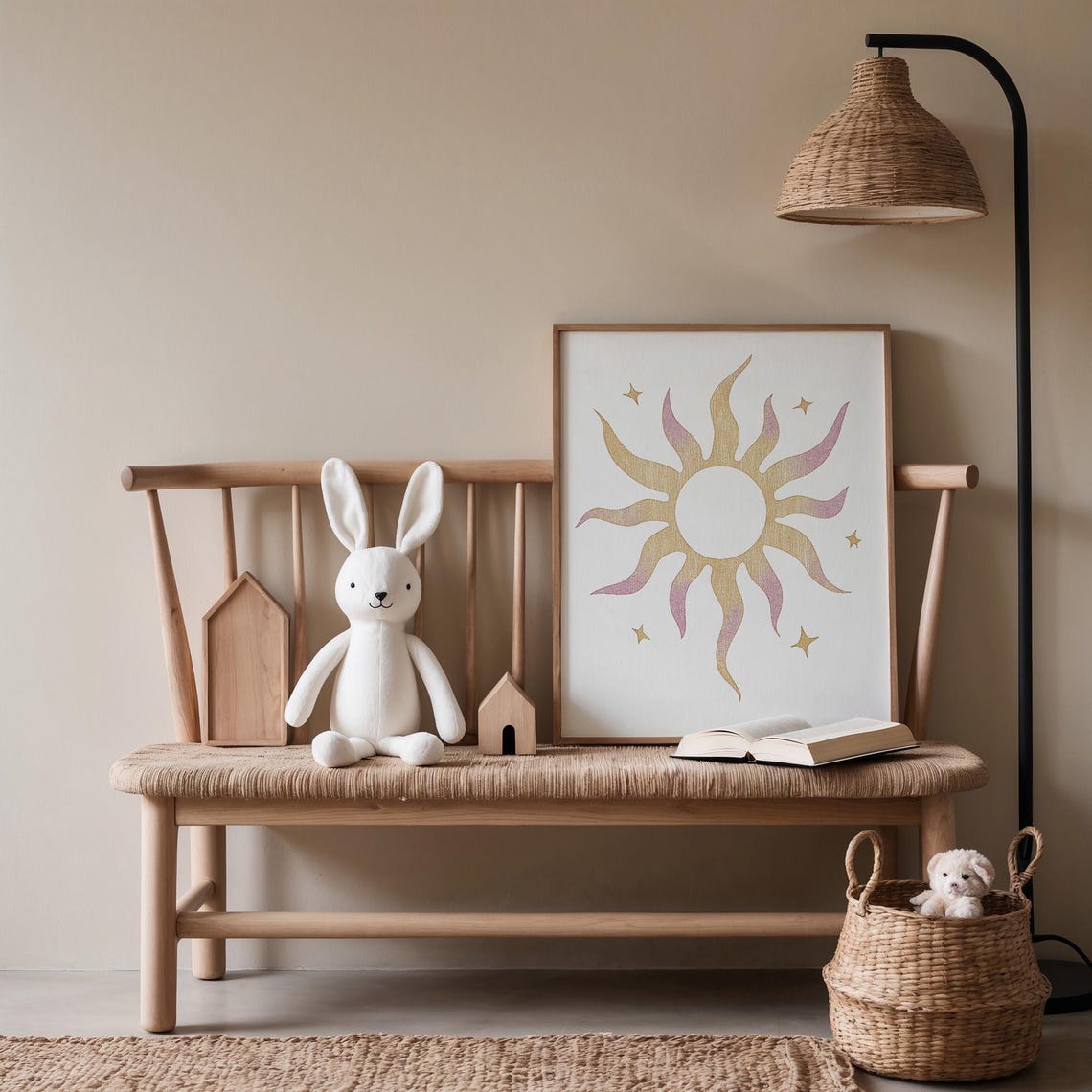 Warm Boho Gold Sun With Stars Neutral Nursery Wall Art Decor - Image 2