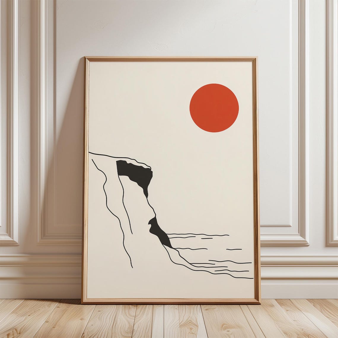 Minimalist Japanese Red Sun and Cliff Line Art Japandi Poster - Image 5