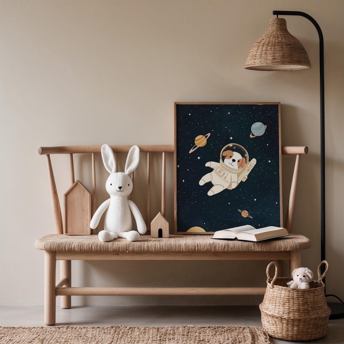 Cute Astronaut Puppy Floating in Space Nursery Starry Night Poster - Image 3