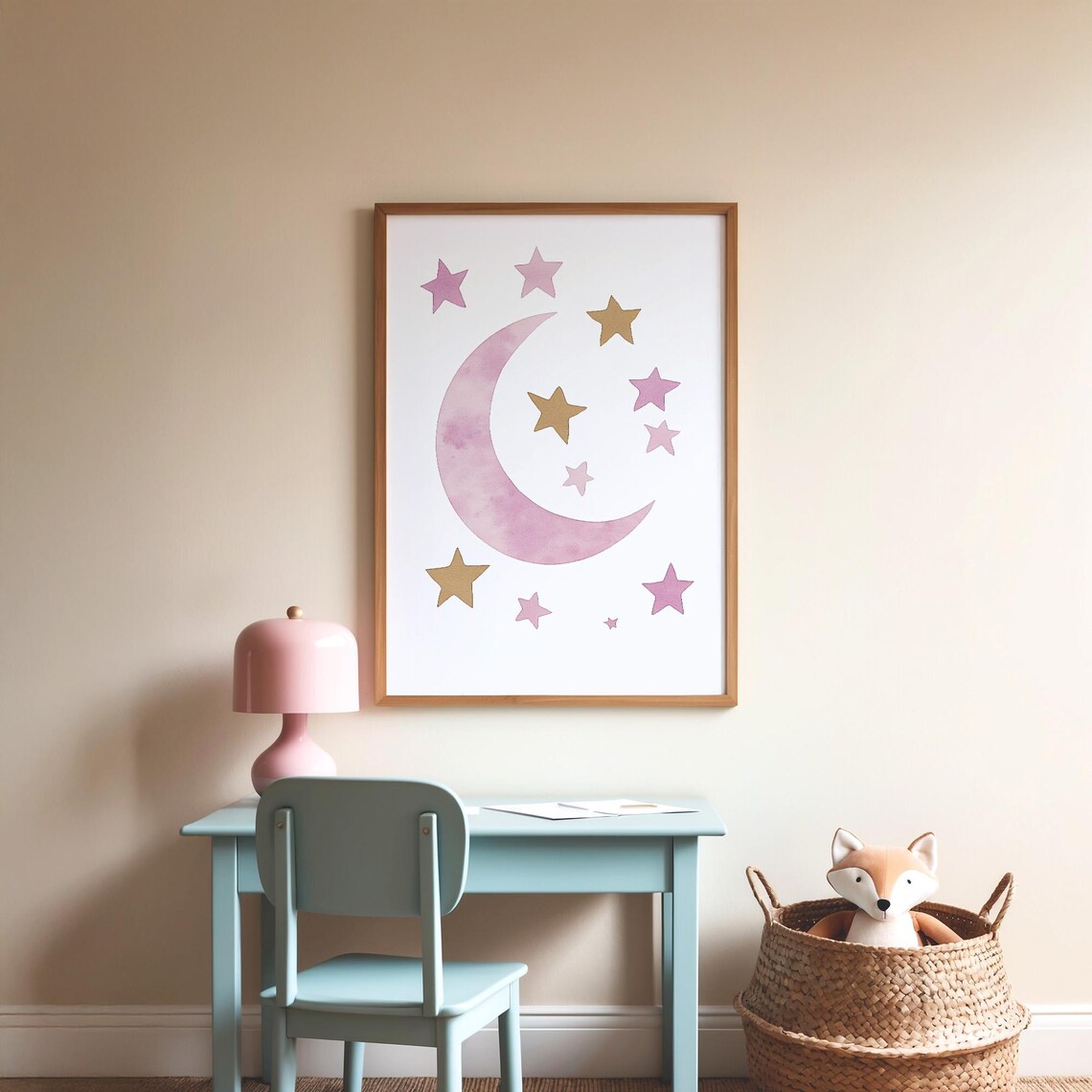 Dreamy Pink Moon and Stars Watercolor Nursery Kids Room Poster - Image 2