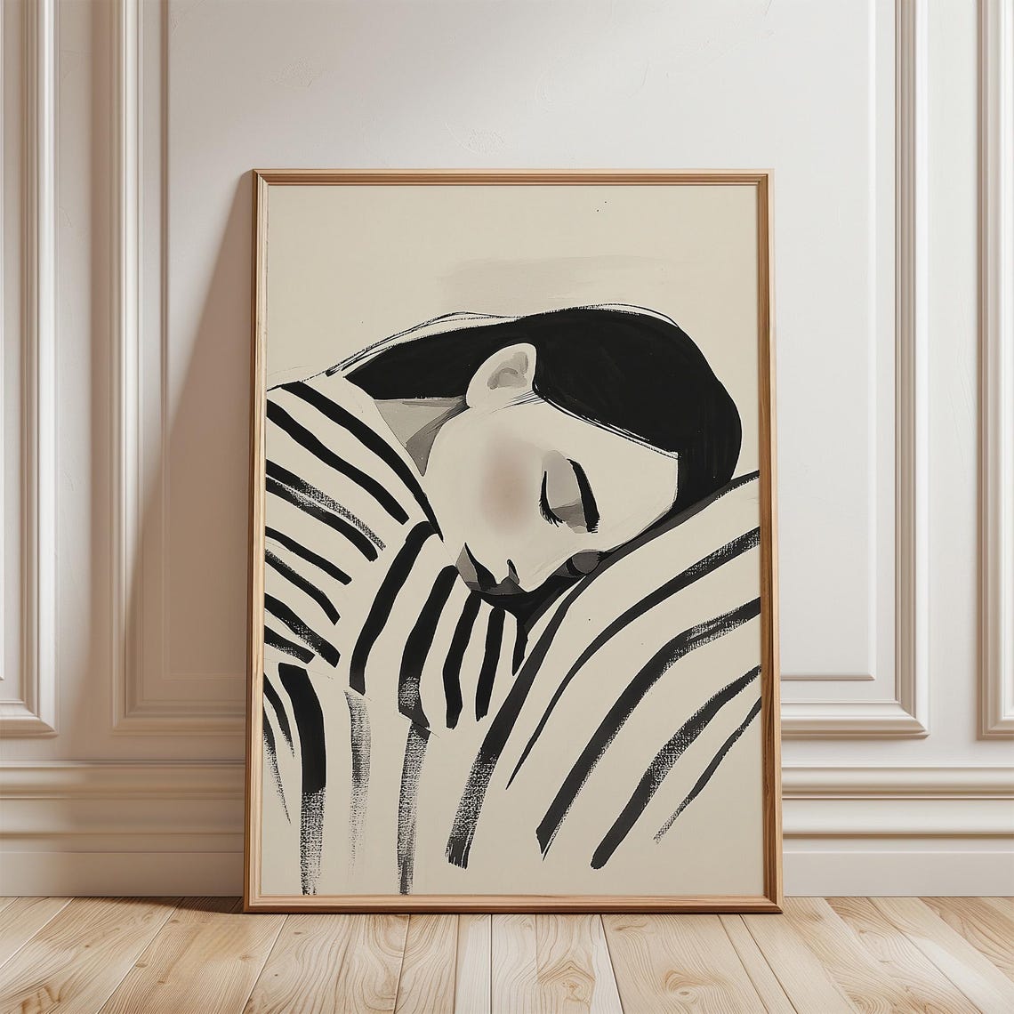 Quiet Resting Woman Stripes Minimalist Black White Art Poster - Image 3