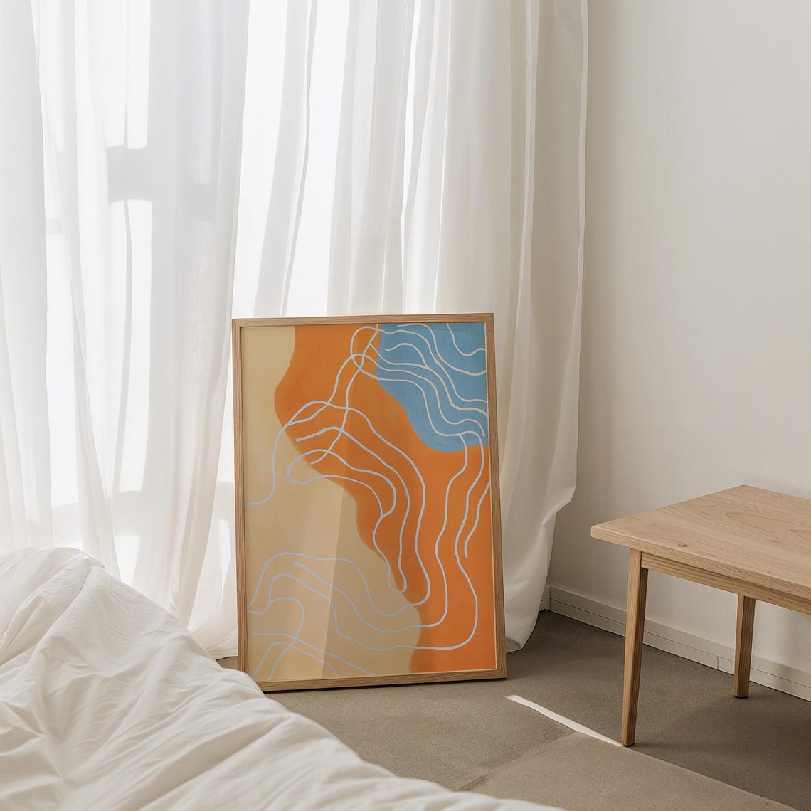 Orange Blue Abstract With White Squiggle Lines Modern Art Poster - Image 3