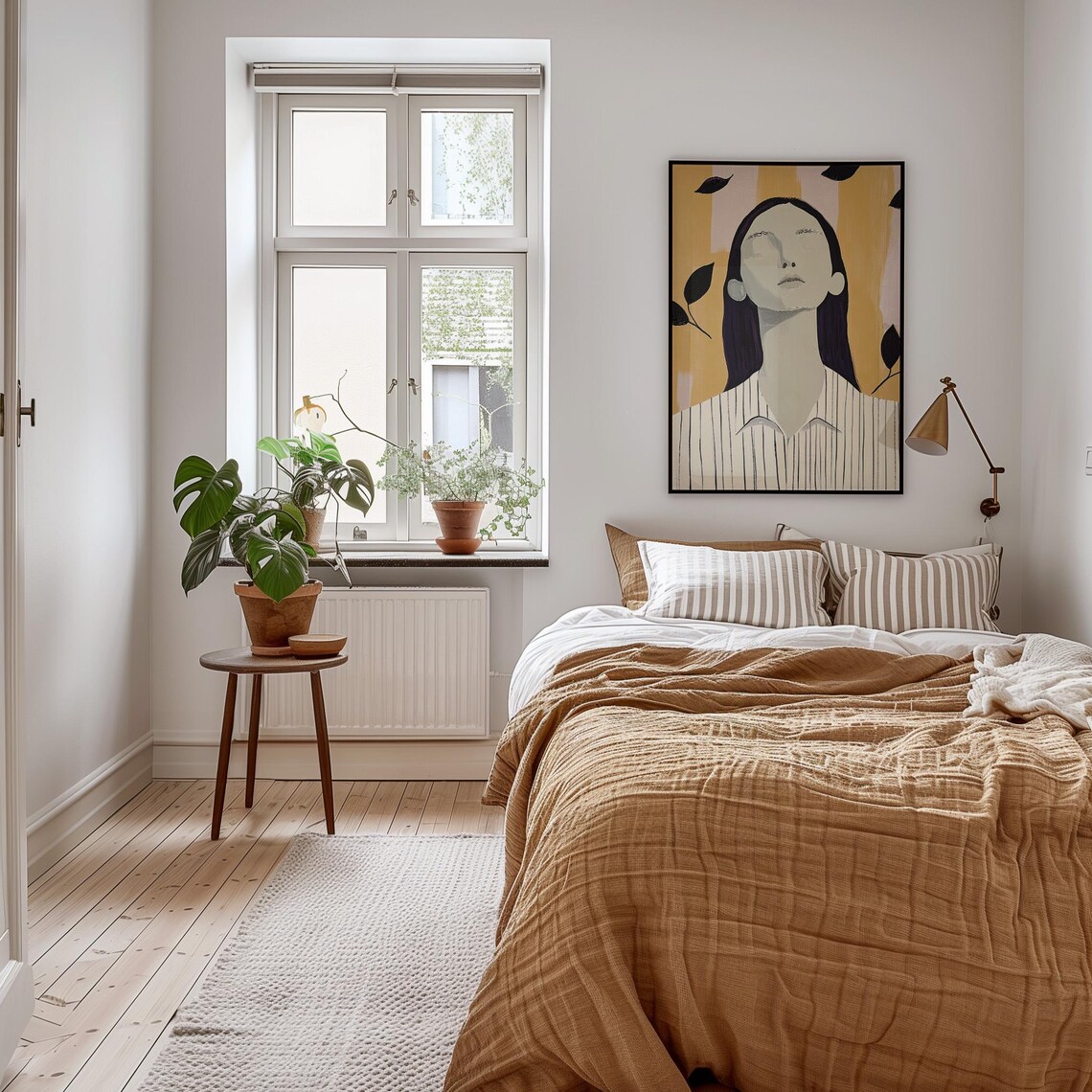 Tranquil Peaceful Woman Closed Eyes Striped Shirt Modern Poster - Image 4