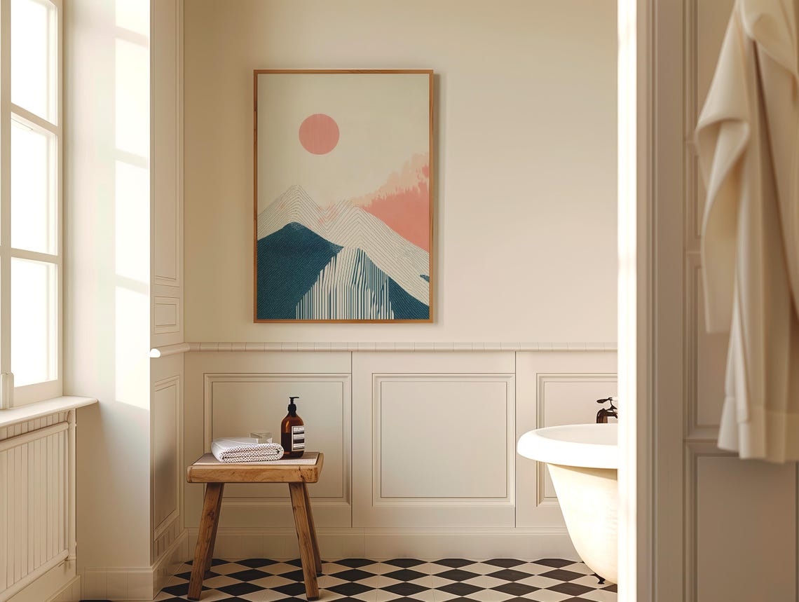 Calm Japandi Sunset Line Mountains Coral Sun Minimalist Poster - Image 3