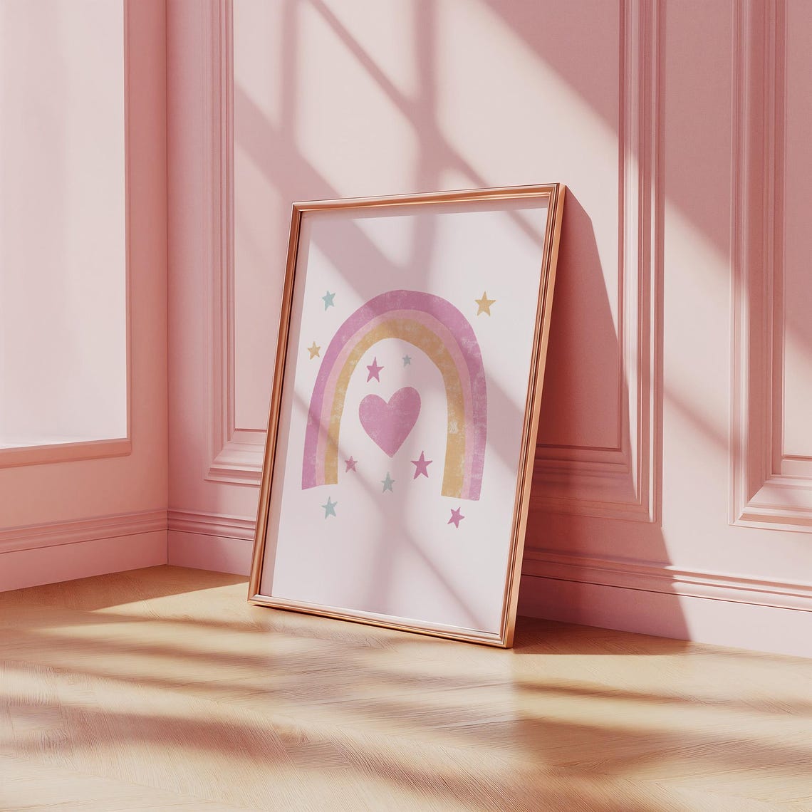 Dreamy Pink Rainbow Heart Stars Boho Nursery Kids Room Poster - Image 2