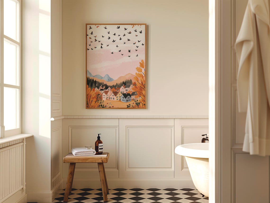Autumn Village Watercolor Golden Fall Trees and Birds Poster - Image 5