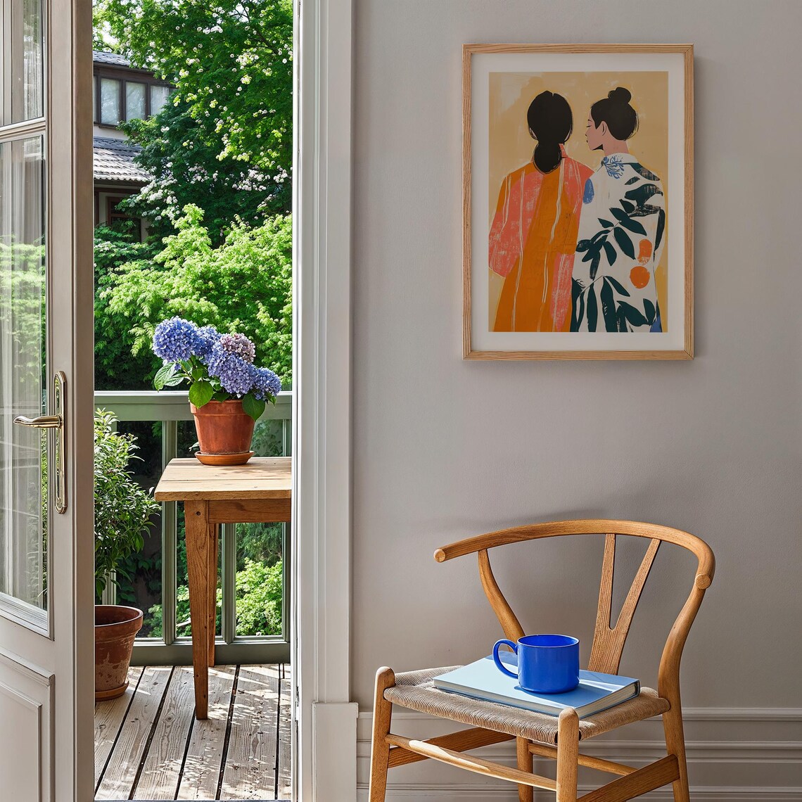 Two Women in Patterned Dresses Abstract Friendship Art Poster - Image 5
