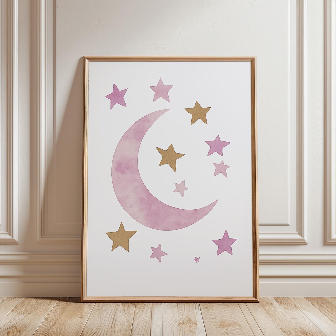 Dreamy Pink Moon and Stars Watercolor Nursery Kids Room Poster - Image 4