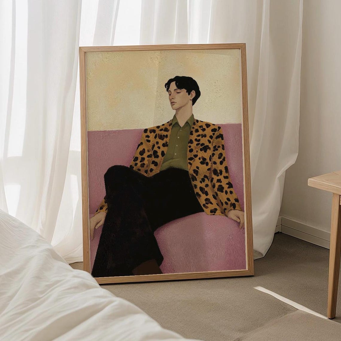 Stylish Man in Leopard Patterned Jacket Lounging on Pink Sofa Poster