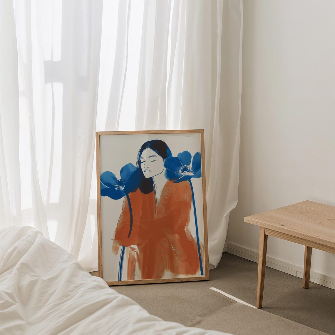 Striking Woman with Blue Anemones Rust Orange Dress Modern Poster - Image 4