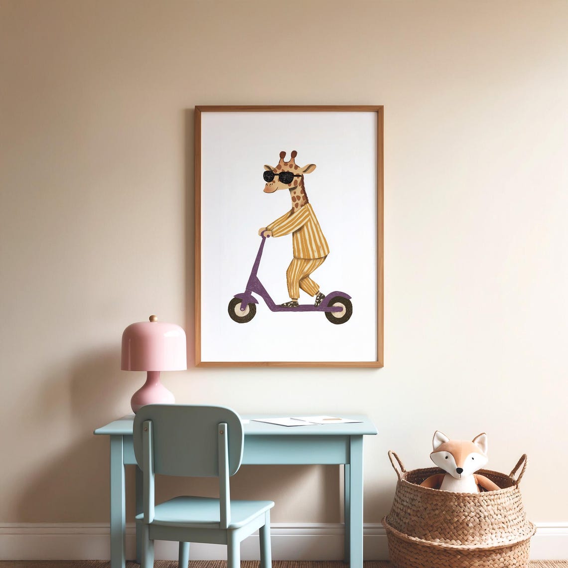 Whimsical Giraffe in Sunglasses Riding Scooter Kids Nursery Poster - Image 2