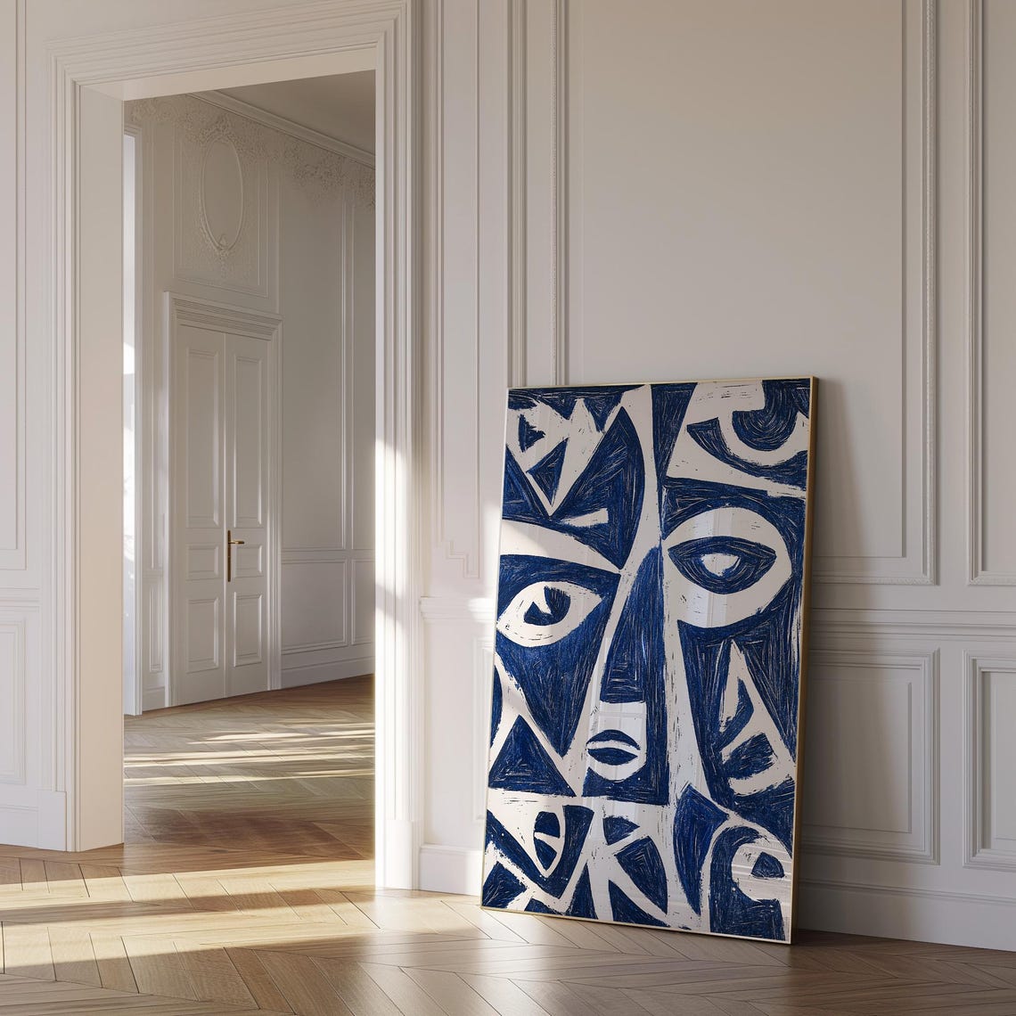Dramatic Cobalt Blue Abstract Faces Cubist Modern Statement Poster - Image 2