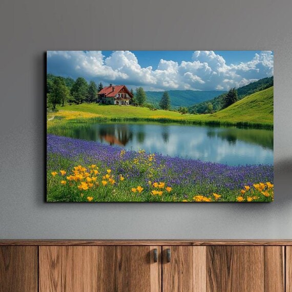 Wildflower Meadow Lake Cabin Mountain Spring Landscape Poster