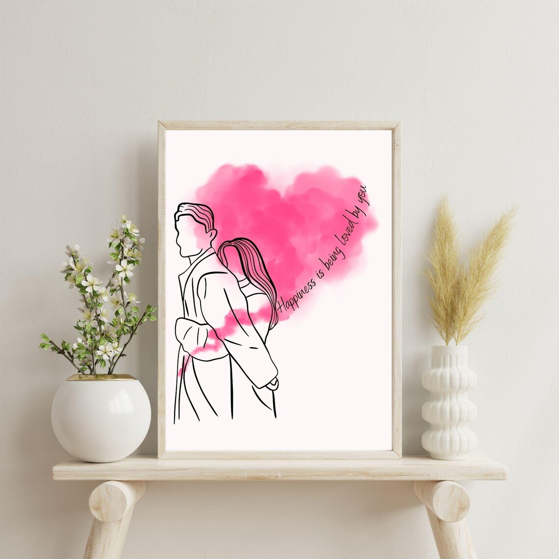Happiness Is Being Loved By You Couple Line Art Pink Heart Wall Poster - Image 3