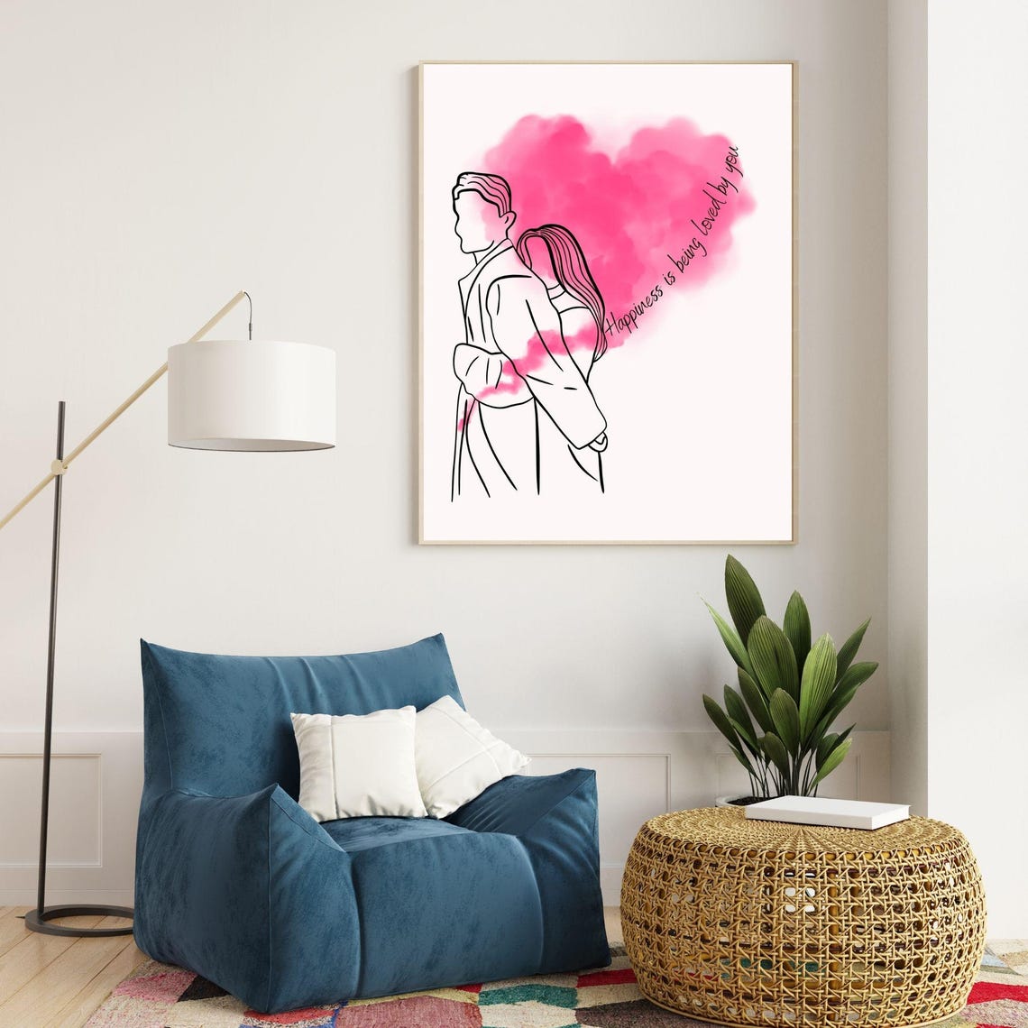 Happiness Is Being Loved By You Couple Line Art Pink Heart Wall Poster - Image 6