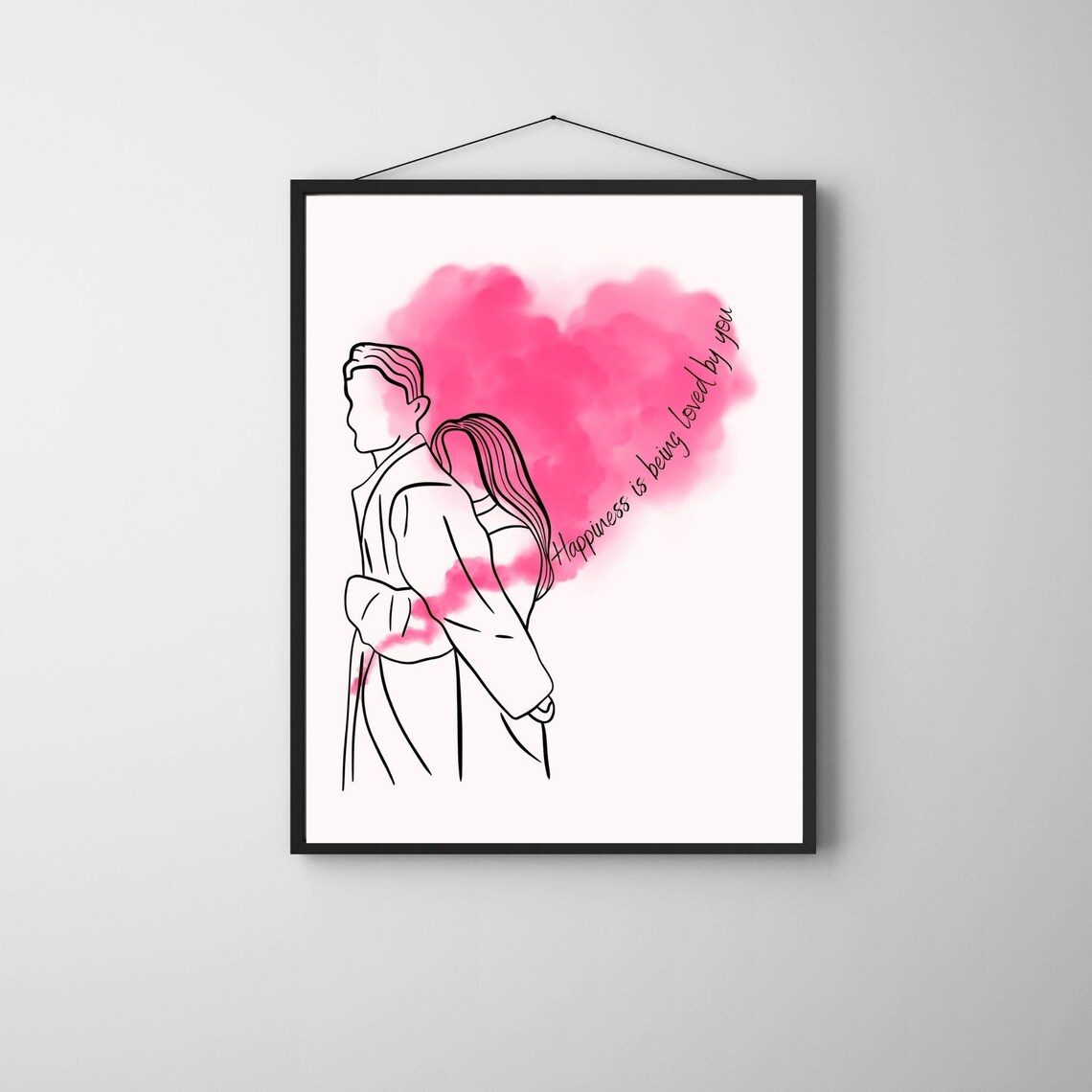 Happiness Is Being Loved By You Couple Line Art Pink Heart Wall Poster - Image 4