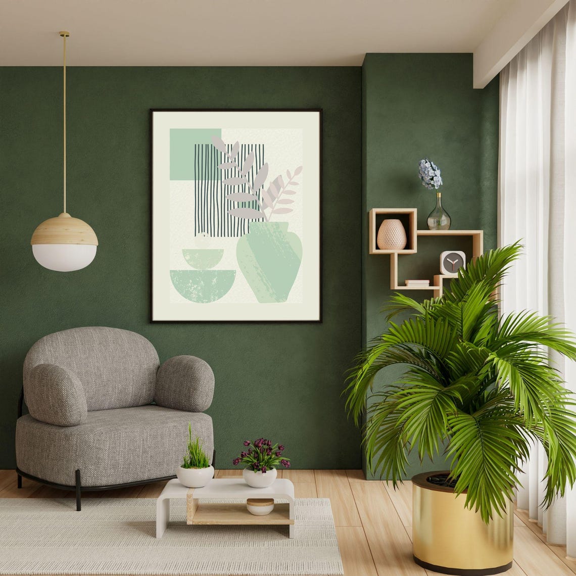 Boho Green Vase With Leaves Abstract Botanical Minimalist Wall Poster - Image 5