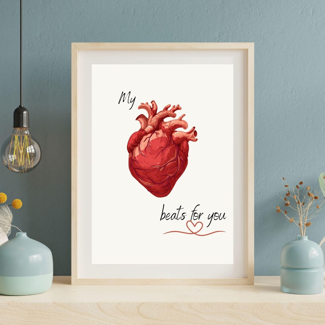 My Heart Beats For You Anatomical Red Heart Romantic Quote Poster - Image 3