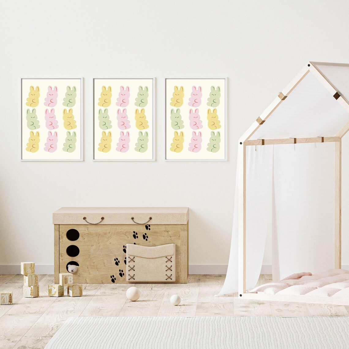 Cute Pastel Bunny Rabbits Grid Colorful Kids Room Nursery Wall Art Poster - Image 3